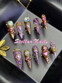 10pcs Stiletto Press On Nails,3D Luxury Colorful Rhinestone Pearl Metallic Wavy Design,Lilac Purple Gold Glitter Fall&Winter Handmade Fully Covered Fake Nails,Removable,Suitable For Party,Dance,Daily,With Jelly Glue & Nail File,Y2K Baroque Punk Nail - Lilac Purple - View 3