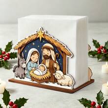 1pc Wooden Cartoon Christmas Scene Napkin Holder, Holy Family Shepherd Star Donkey Sheep Design Desktop Tissue Box, Christmas Kitchen Tabletop Napkin Storage Box, Holiday Home Dining Table Centerpiece Decor - Multicolor - View 1