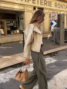 Fashionable Stand Collar Side Stripe Jacket, Casual Loose Long Sleeve Zip-Up Coat, Suitable For Daily Wear - Beige - View 6