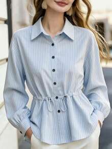 Women's Autumn Striped Front Button Drawstring Ruffle Office Blouse - Baby Blue - View 6