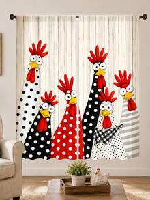 2件裝聚酯纖維材質趣味波點公雞圖案印花濾光窗簾，適用臥室、客廳、辦公室與居家裝飾，穿桿設計，適合桿式安裝 - 彩色 - 查看 2