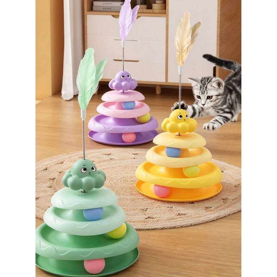 Octopus Cat Rotating Toy With Cat Teaser Wand, Self-Entertainment Cat Toy, Rotating Ball Teaser Wand, Artificial Feather Kitten Pet Puzzle Toy, Interactive Rotating Toy For Cats, Random Ball Color, Cat Sound Toy