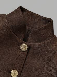Aflion Two Pieces Set Women's Fall Winter Brown Stand Collar Blazer And Mini Skirt, Chic Vintage Office Outfit For Work, Date And Christmas - Brown - View 5