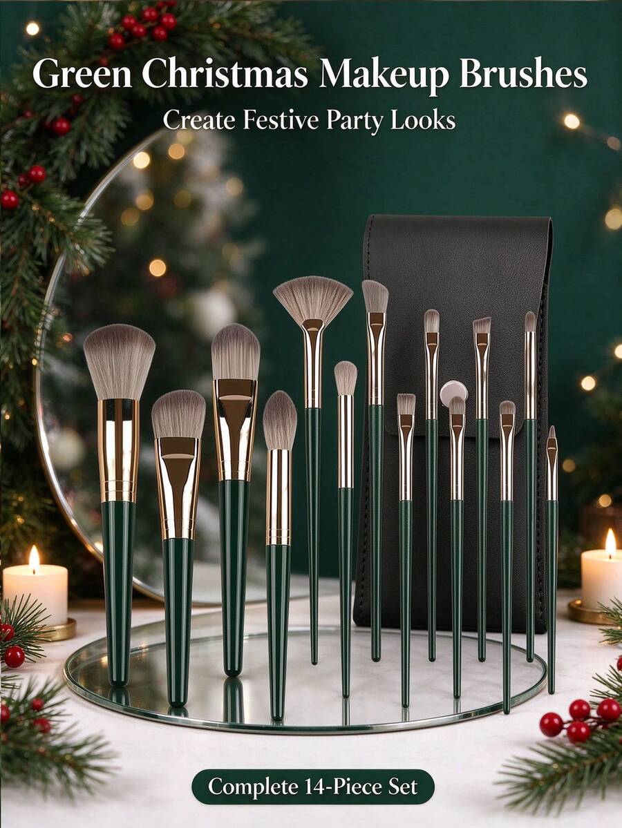 15pcs Professional Makeup Brush Set With Storage Box, Includes Foundation Brush, Powder Brush, Blush Brush, Contour Brush, Eyeshadow Brush, Concealer Brush, Blending Brush, Makeup Tools, Travel Essential, Gift, Gift For Her - Dark Green - View 1