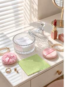 Elegant Glass Jar And Powder Puff Set With Soft Satin Bows Clear Cosmetic Container For Women Fluffy Powder Applicator For Face And Body Makeup Ribbed Vanity Storage Box With Lid Plush Powder Pads Dressing Table Organizer Makeup Tools And Accessories - Multicolor - View 11