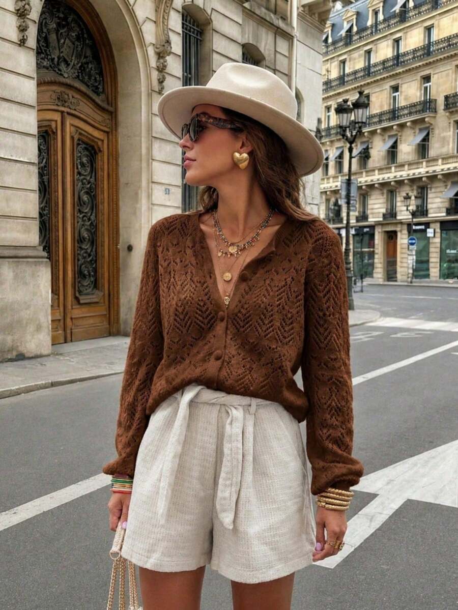 Women's Brown Knit Cardigan, Round Neck, Long Sleeve, Button Front, Hollow Ribbed Knit, Regular Length, Autumn/Winter Fashion - Coffee Brown - View 1