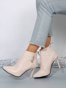 Women's Textured Print Pointed Toe Stiletto Booties, Rhinestone Chain & Buckle Decor Back Zipper High Heels For Party Evening Club - Beige - View 2