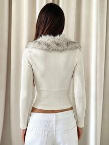 Women's White Fuzzy Patchwork Elegant Date Elegant Casual Home Top - White - View 2
