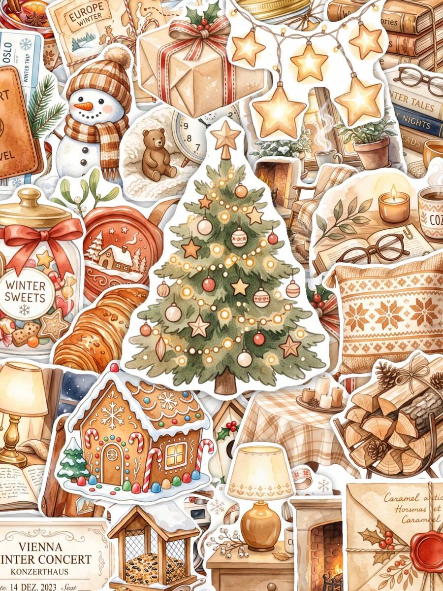 50Pcs Caramel Christmas Stickers, Cozy Winter Holiday Decor Stickers, DIY Waterproof Stickers - one-size - View 1