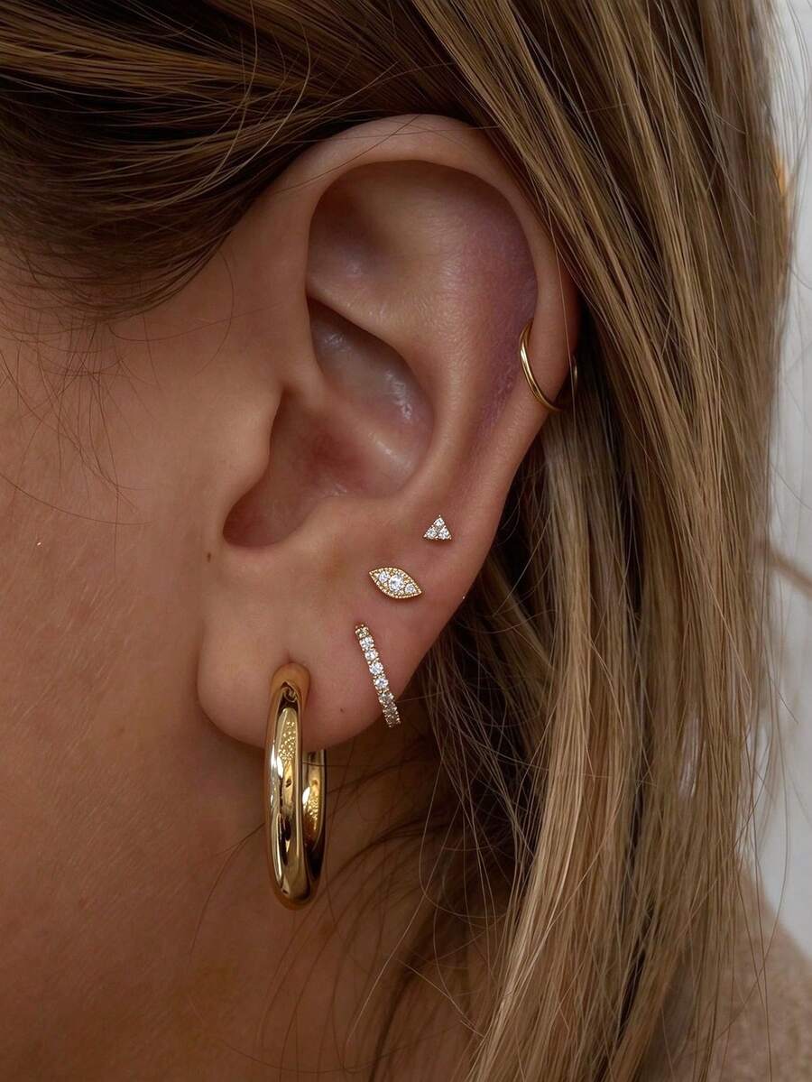 5pcs Cubic Zirconia Inlaid Earrings Set, Minimalist Fashion, Suitable For Women's Dating, Party, Gathering Layering - Yellow Gold - View 1