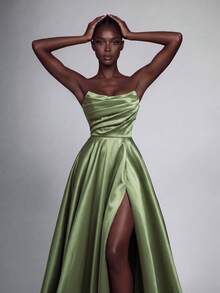 Elegant Women's Strapless Satin Maxi Dress With Thigh Slit And Flared Hem, Formal Evening Gown For Party And Gala - Green - View 7