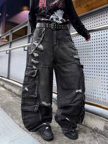 1pc Vintage American Street Style Men's Multi-Pocket Distressed Patchwork Cargo Jeans, Loose Fit Comfortable Wide Leg Casual Denim Pants, Fashionable All-Season Versatile Trousers (Belt And Accessories Not Included) - Black - View 3