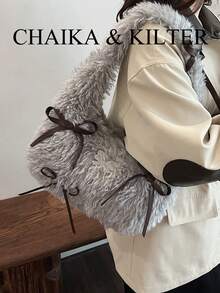 1pc Fashionable Plush Fabric Shoulder Bag, Suitable For Commuting, Shopping And More - Grey - View 8