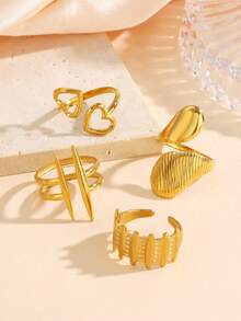4pcs Abstract Art Gold Open Ring Set, Heart Spiral Asymmetric Textured Adjustable Stackable Rings For Women's Daily Wear. - Gold - View 7