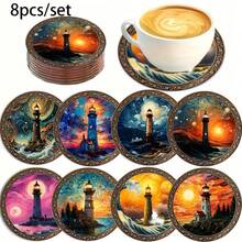 8pcs Ocean Style Beverage Coasters, Durable Non-Slip Heat-Resistant Table Mats. Classic Anchor And Lighthouse Design, Perfect For Daily Use, Home Decor, Office Decor And Holiday Gifts - View 9