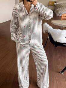 DAZY 2pcs Women Loose Comfortable Breathable Long Sleeve Top And Long Pants Pajama Set, Cute Home Wear - Black - View 8