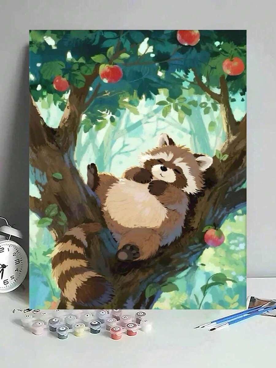 Raccoon Resting In A Tree Painting By Numbers, DIY Canvas Art For Adult Beginners, Wall Art Decoration Holiday Gifts, Includes Oil Painting Tools.