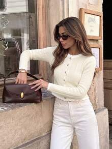French Gentle Vintage Knitted Cardigan, Scalloped Collar Long Sleeve Cinched Waist Short Cable Knit Top, Versatile Elegant Blouse For Dating And Daily Wear - White - View 10
