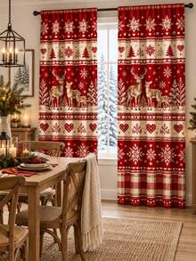 Farmhouse Christmas Curtains, Nordic Reindeer Snowflake Pine Tree Red Plaid Polyester Window Curtain Panels For Living Room Bedroom, Rustic Winter Holiday Decor - D - View 5