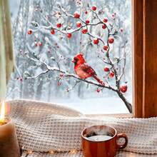 1pc Watercolor Christmas Snow Branch Red Cardinal Red Berry Window Sticker, Double-Sided Visible PVC Static Adhesion Glass Decal, Suitable For Home And Store Window Display - Multicolor - View 3
