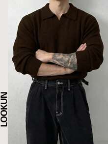 Lookun Men's Loose Fit Drop Shoulder V-Neck Knitted Polo Sweater, Autumn/Winter - Brown - View 2