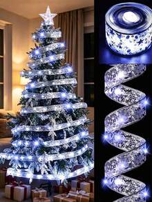 1m/3 Meters/5m/10m Christmas LED Ribbon String Lights, Christmas Tree Home Decor, Handmade DIY Bow Lights, Suitable For Christmas Tree And Gift Box Decoration - Silver - View 7