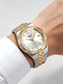 LONGLUX 1pc Men's Automatic Mechanical Watch, Luxury Rhinestone Steel Band Business Calendar Wristwatch, Daily Wear, Holiday Gift - White - View 5