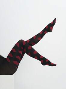 Women Heart Print Sheer Pantyhose, High Waist Stretchy Compression Tights, Breathable Patterned Hosiery > - Black - View 1