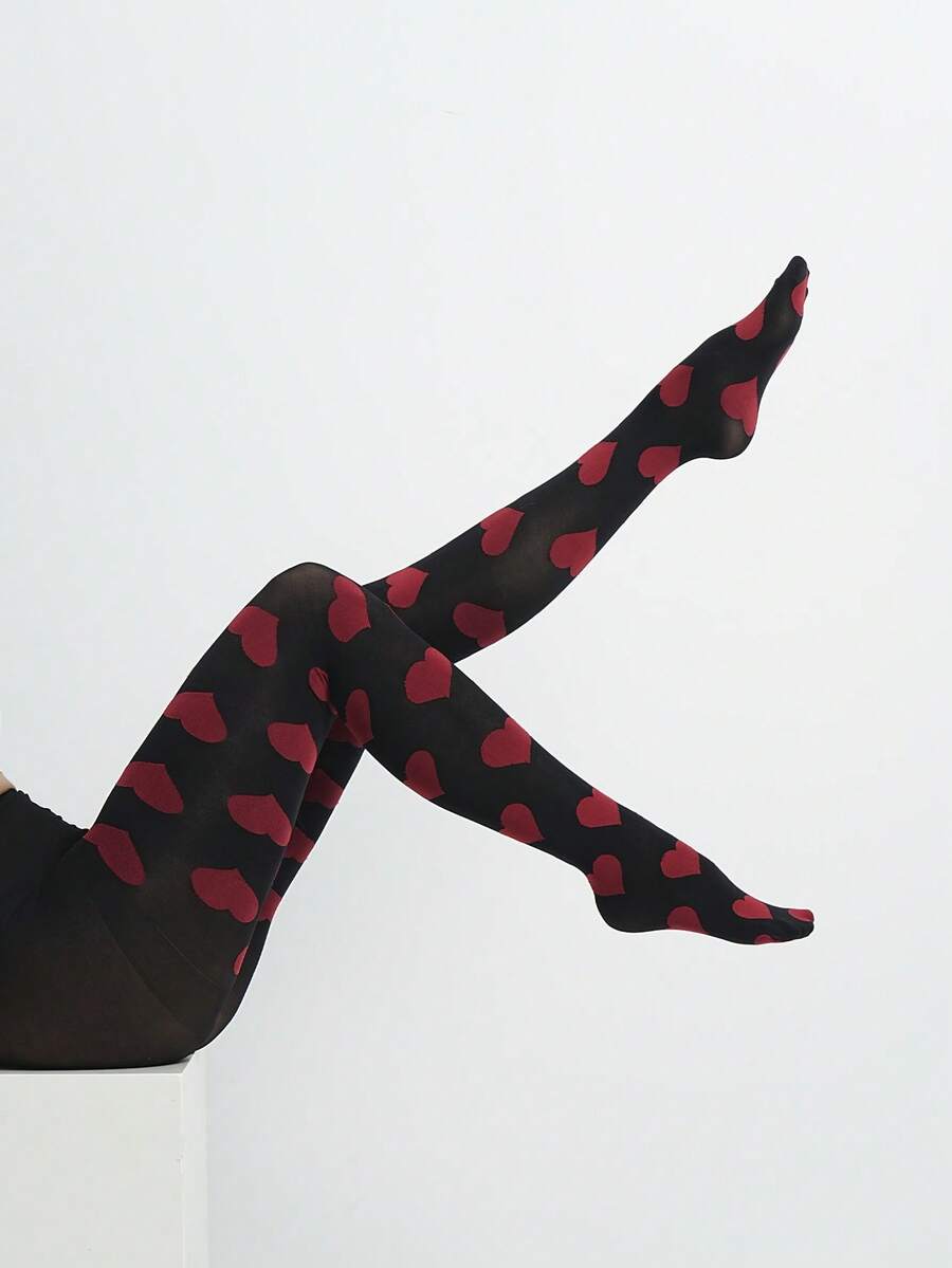 Women Heart Print Sheer Pantyhose, High Waist Stretchy Compression Tights, Breathable Patterned Hosiery > - Black - View 1