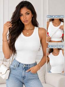 ChicMe Built-In Bra Sleeveless Ribbed Knit Tank Top Slim Fit Round Neck Basic Top - White - View 6