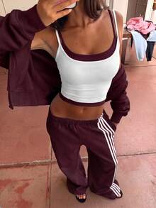 Women's Minimalist 2 Pieces Set With Camisole Top And Striped Pocket Sweatpants - Wine Red and Blue - View 3