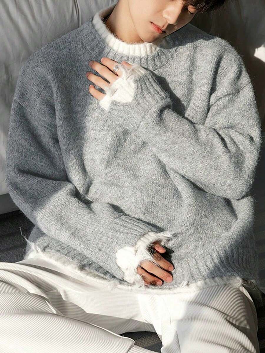 Unisex Casual Crew Neck Patchwork Distressed Hem Long Sleeve Knit Sweater, Loose Fit, Suitable For Autumn And Winter - Grey - View 1