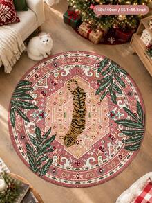 1pc Washable Vintage Tiger Persian Pattern Round Velvet Rug, Pink Tone Pattern, Tiger And Tropical Leaf Design, Vintage And Artistic. Round Shape Suitable For Living Room, Bedroom, Children's Room, Adding Personalized Atmosphere To The Space. - Multicolor - View 5
