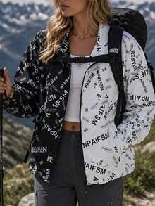 1pc Women's Outdoor Sports Style Letter Print Elastic Cuff Adjustable Hem Cycling Climbing Jacket - Black and White - View 2