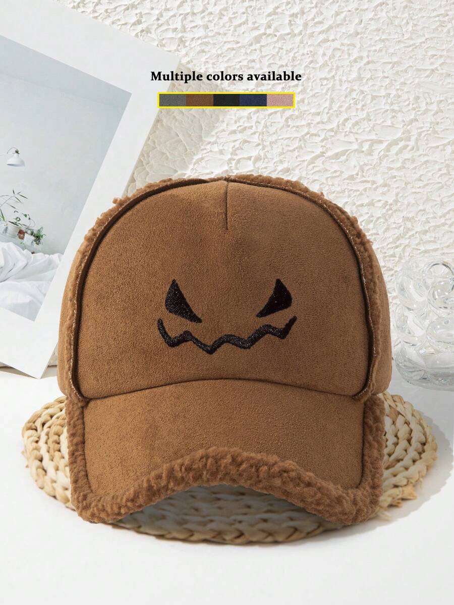 1件中性款加厚棒球帽，刺繡南瓜臉設計，時尚度假風，酷炫秋冬休閒帽 - A - 查看 1