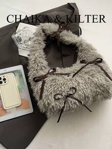 1pc Fashionable Plush Fabric Shoulder Bag, Suitable For Commuting, Shopping And More - Grey - View 4