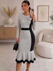 ChicMe Polka Dot Print Color Block Midi Dress With Ruffle Hem, Elegant Commuter Outfit - Black and White - View 4