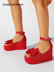 Women's Bowknot Open Toe Wedge Platform Sandals, Peep Toe Back Strap Ankle Buckle, Suitable For Outdoor, Party, Gathering And Multiple Occasions - Red - View 6
