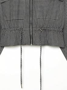 Checked Cropped Jacket For Women Vintage Zip Up Plaid Jacket Casual Utility Outerwear Fall Winter Chic Streetwear Short Coat - Navy Blue - View 8