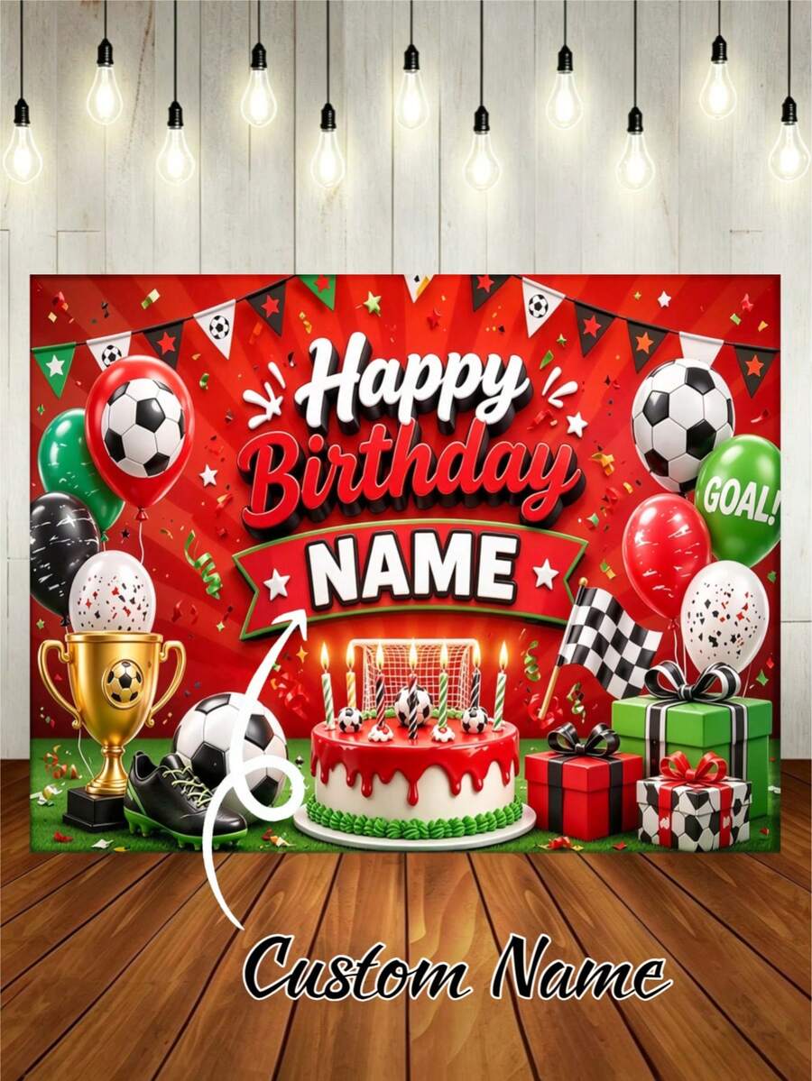 Customizable Name Football Theme Birthday Backdrop, Red Background With Football Cake, Trophy, Confetti Balloons And Cleats Gift Box Design, Suitable For Football Theme Birthday Party, Event Background Decoration Photography Banner Vinyl
