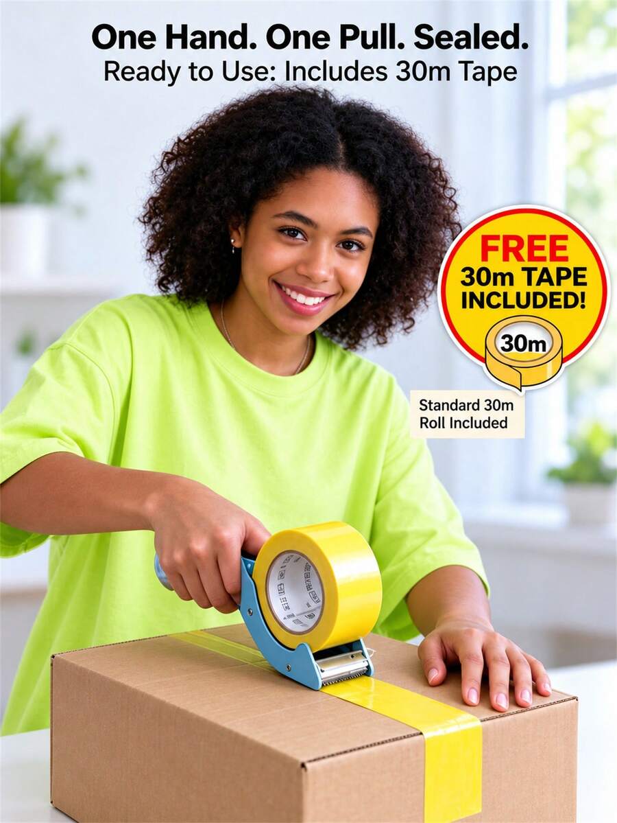 1pc Packing Tape Dispenser With 30m Tape, Carton Sealing Tape Dispenser, Portable Packing Tool, Suitable For Home, Warehouse, Moving, Shipping, Packaging, Office, E-Commerce, Parcel Packing, Tape Cutting And Sealing