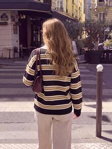 Women's Preppy Striped Sweater Collared Long Sleeve Loose Knit Pullover - Chocolate Brown - View 3