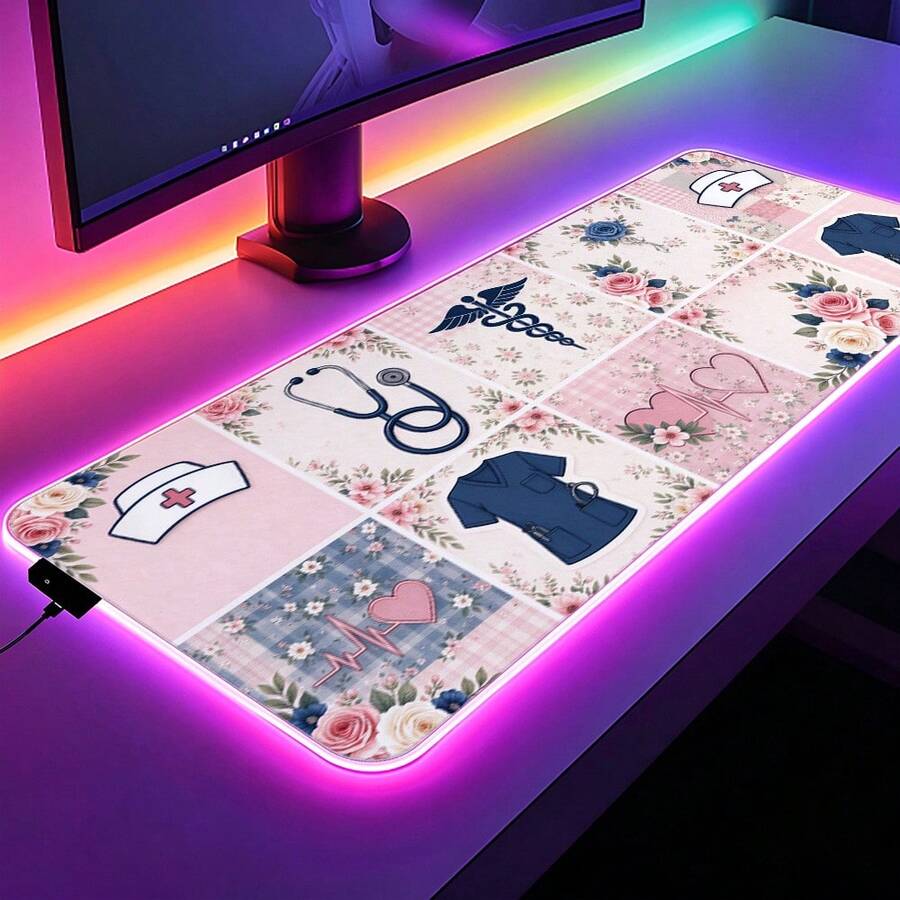 RGB Gaming Mouse Pad, Nurse Patchwork Floral Print Extended Desk Mat ...