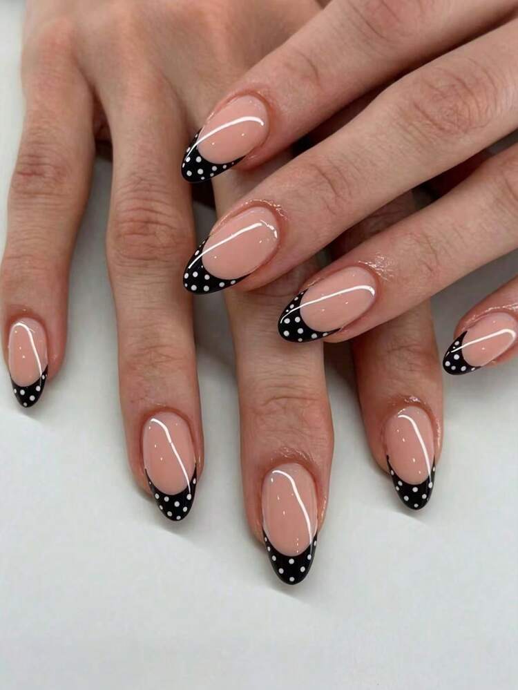 30pcs Black Polka Dot Medium Length Almond Shaped French Nail Art Fake Nails Set, Includes 1 Double-Sided Adhesive And 1 Nail File, Autumn Nails And Polka Dot Nail Art Suitable For Party, Dance And Daily Use - Multicolor - View 1
