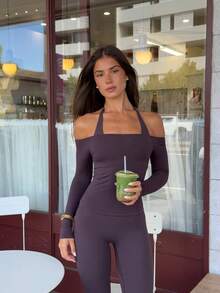 Women's Fashion Halter Neck Long Sleeve Top & Yoga Pants 2 Pieces Sports Set - Purple - View 2