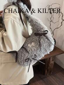 1pc Fashionable Plush Fabric Shoulder Bag, Suitable For Commuting, Shopping And More - Grey - View 9