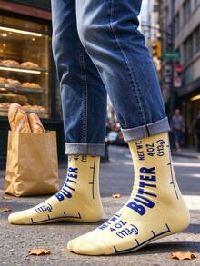 1 Pair New Cute Butter Packaging Creative Print Mid-Calf Socks, American Retro Food Fun Pattern Socks, Breathable Sweat-Absorbing Ribbed Cuff, Niche Design, Style, Student Casual Jeans Matching Socks - Yellow - View 5