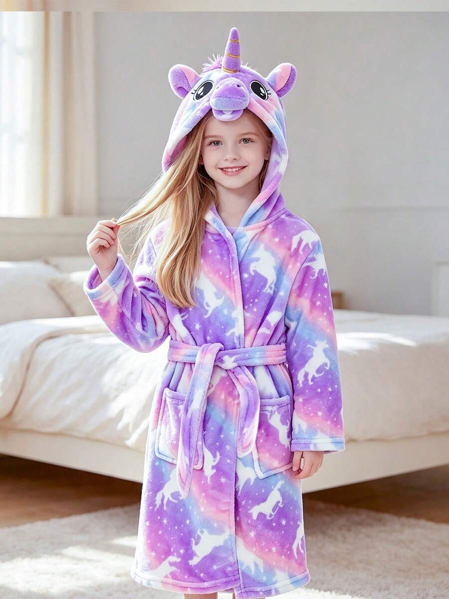 Tween Girl Bright Purple Unicorn Cute Hooded Robe