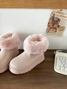 Pink Thick Sole Mid-Calf Snow Boots For Women, Folded Collar Plush Round Toe Ankle Boots, Height-Increasing Slimming Warm Outdoor Boots For Autumn/Winter - Pink - View 4