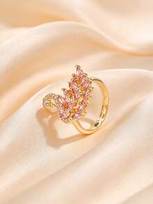 1pc Women Swan Shape Statement Ring, Inlaid Pink Rhinestone Open Ring, Elegant Cocktail Party Wearing Jewelry For Ladies - Multicolor - View 3